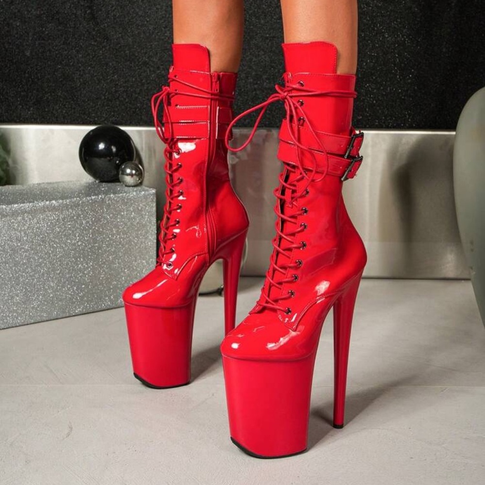 Vibrant Red Platform Lace-Up Boots